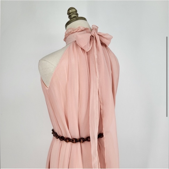 Vintage Handmade Maxi Dress Sleeveless High Neck Ruffled Bow Blush Pink - Picture 3 of 5